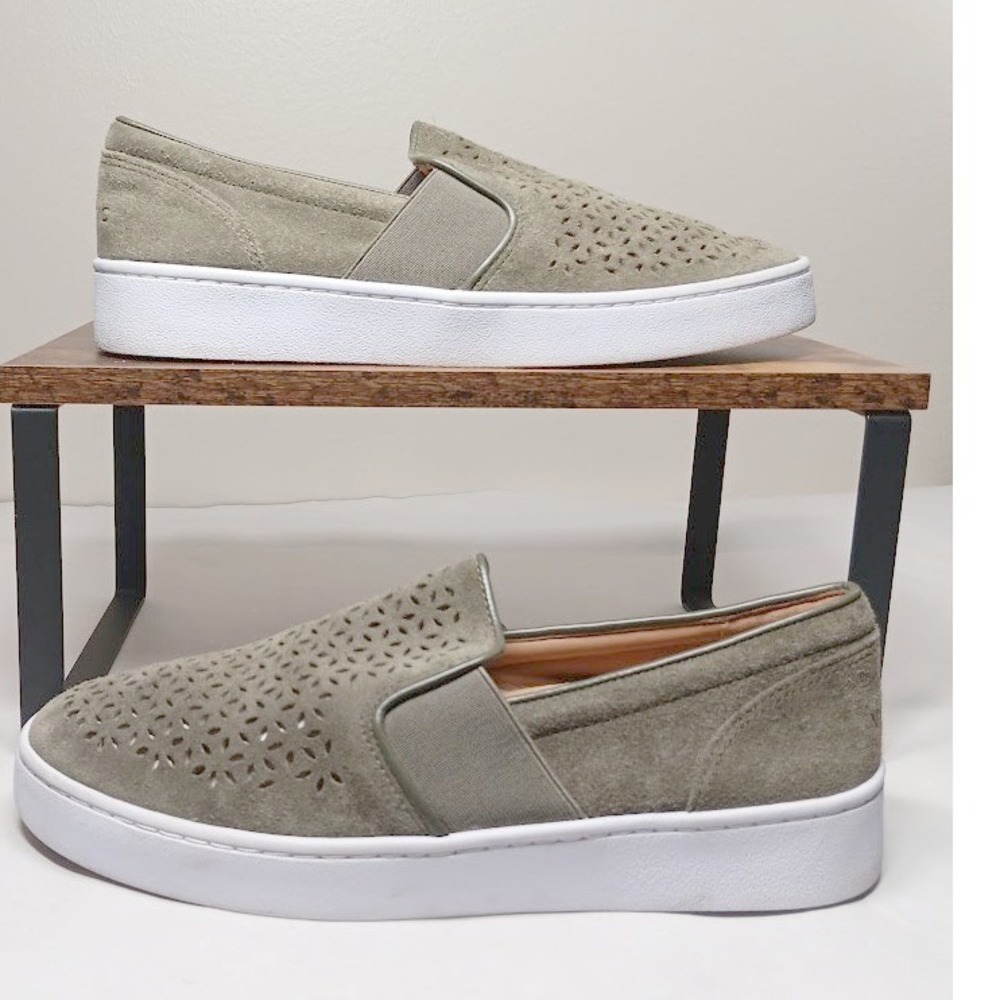 Vionic Slip On Sneakers Kani Womens 9 Olive Green Suede Perforated Floral Good - Picture 2 of 11